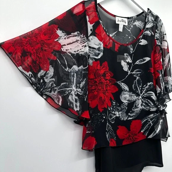 Joseph Ribkoff Top Shirt Size 10 Chiffon Overlay 3/4 Kimono Sleeve Romantic Boho - Picture 2 of 12